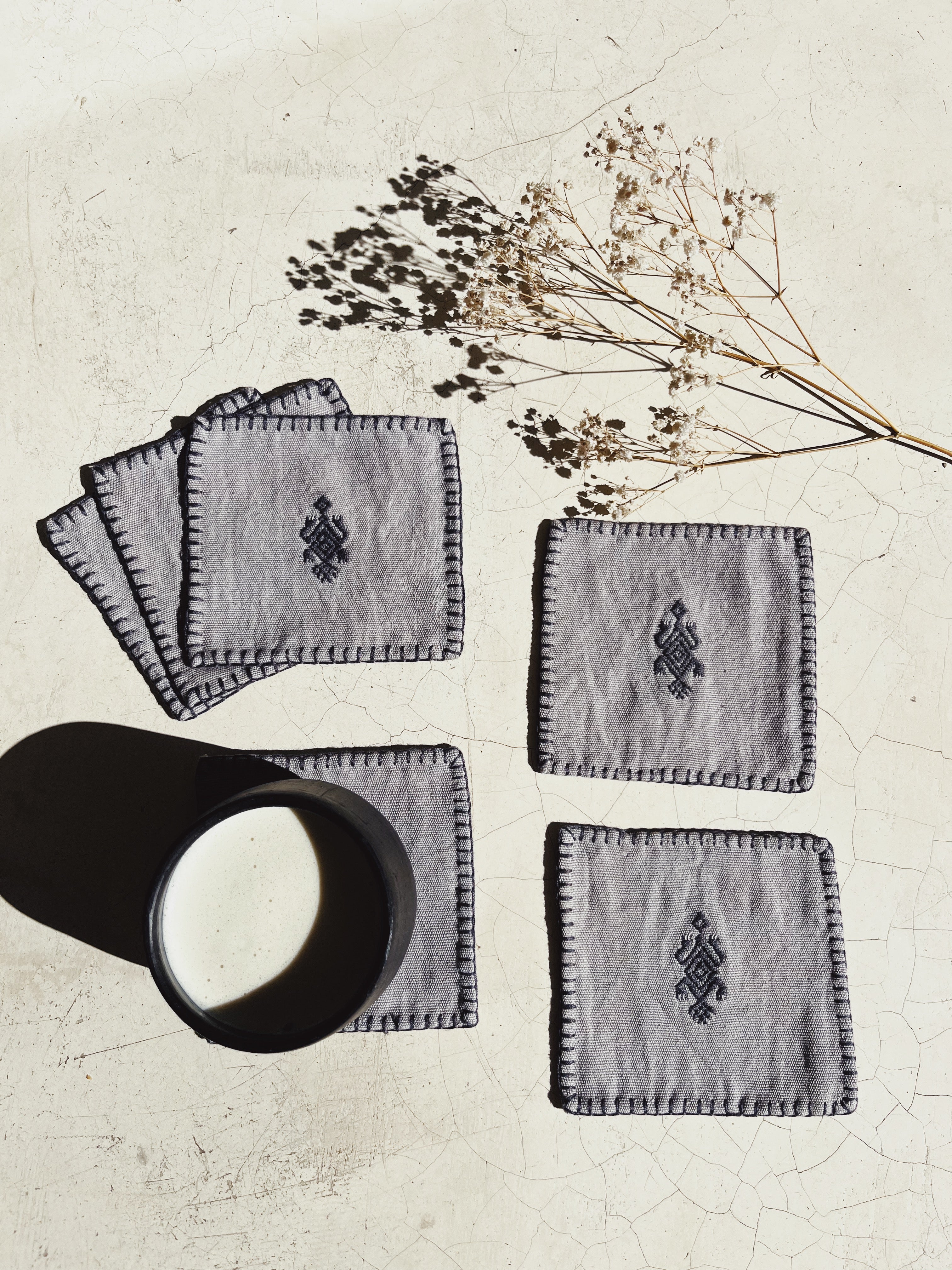 Hand embroidered coaster set, GRAY Made in Mexico